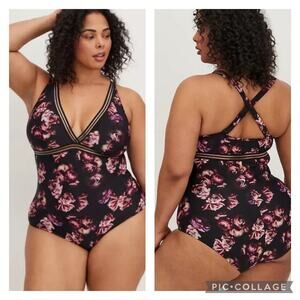 Torrid Black Floral One Piece Swimsuit Mesh Trim Plus Size 6X